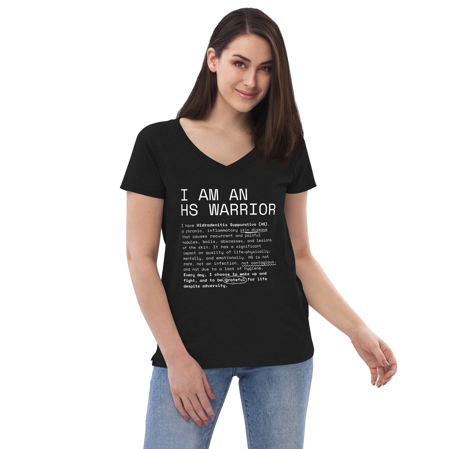 Playera Reciclada para Mujer en Cuello en V - I am an HS Warrior