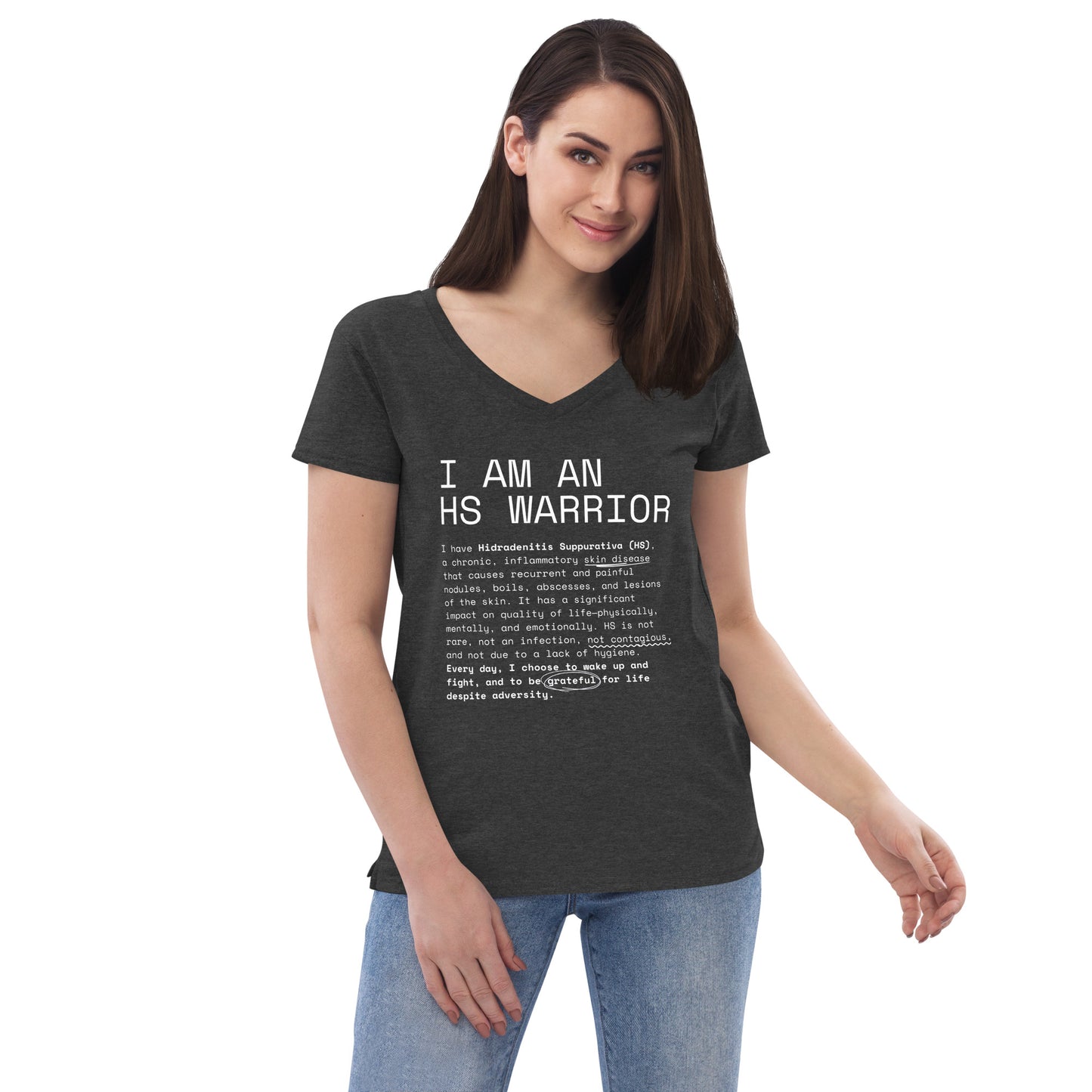 Playera Reciclada para Mujer en Cuello en V - I am an HS Warrior