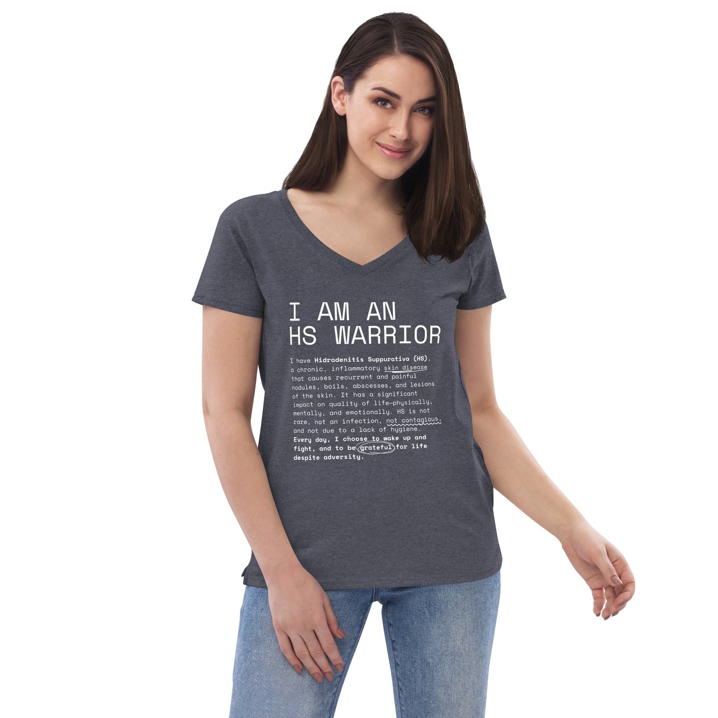 Playera Reciclada para Mujer en Cuello en V - I am an HS Warrior