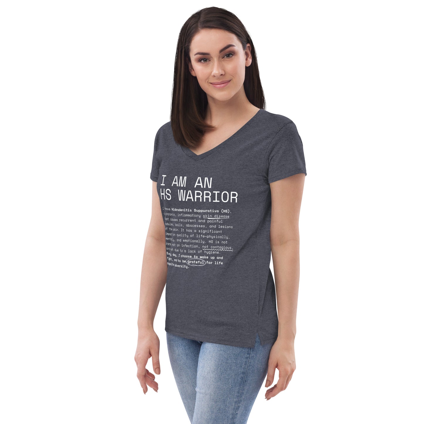 Playera Reciclada para Mujer en Cuello en V - I am an HS Warrior