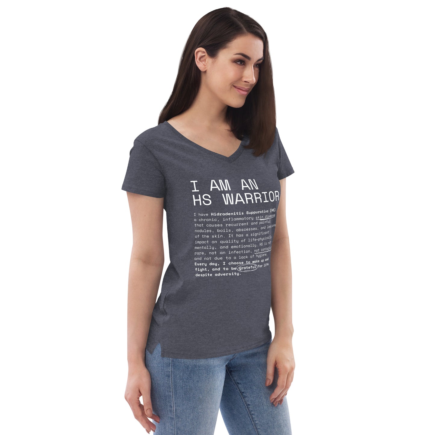 Playera Reciclada para Mujer en Cuello en V - I am an HS Warrior